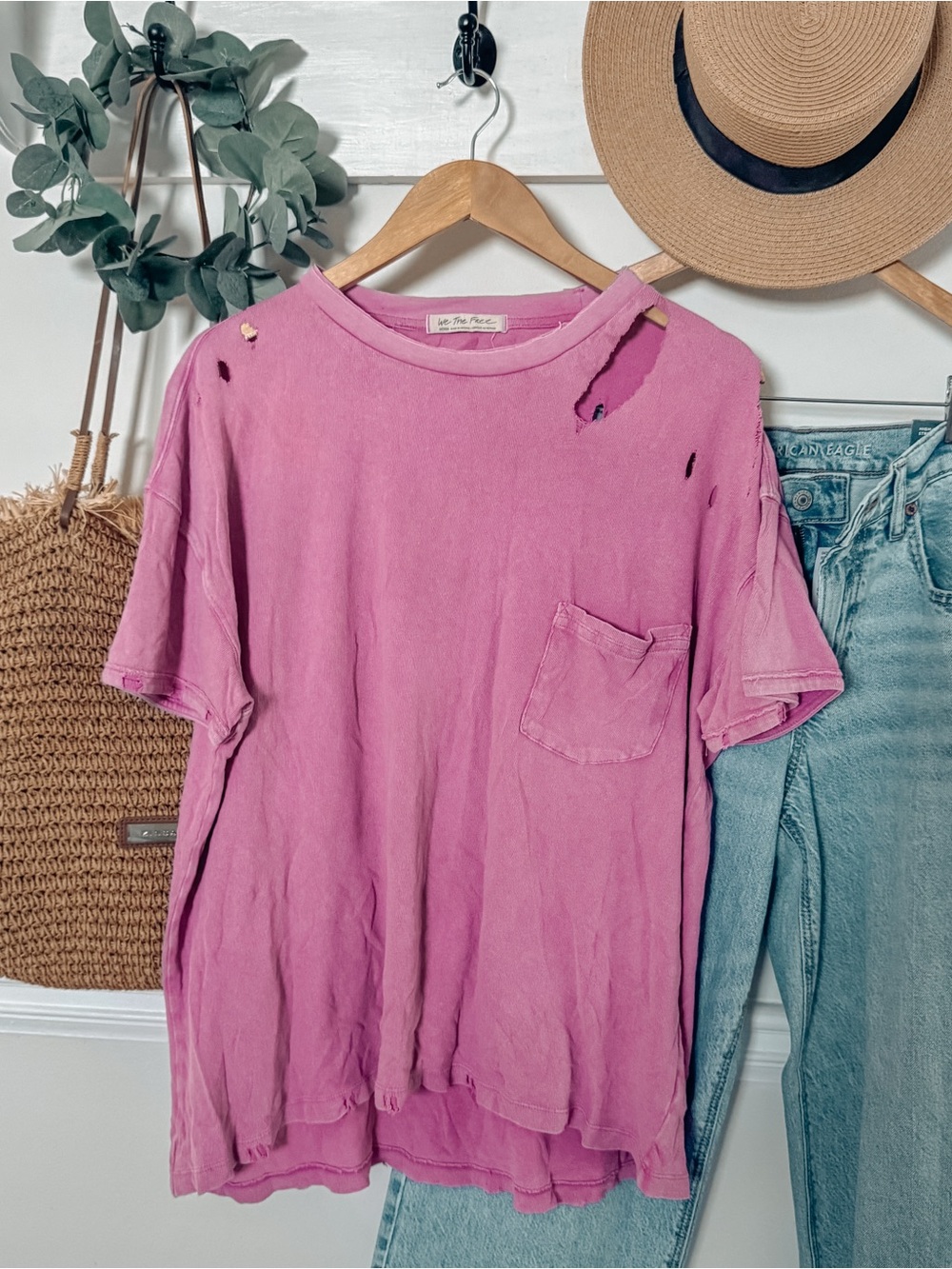We the Free Destroyed Washed Pink Tee